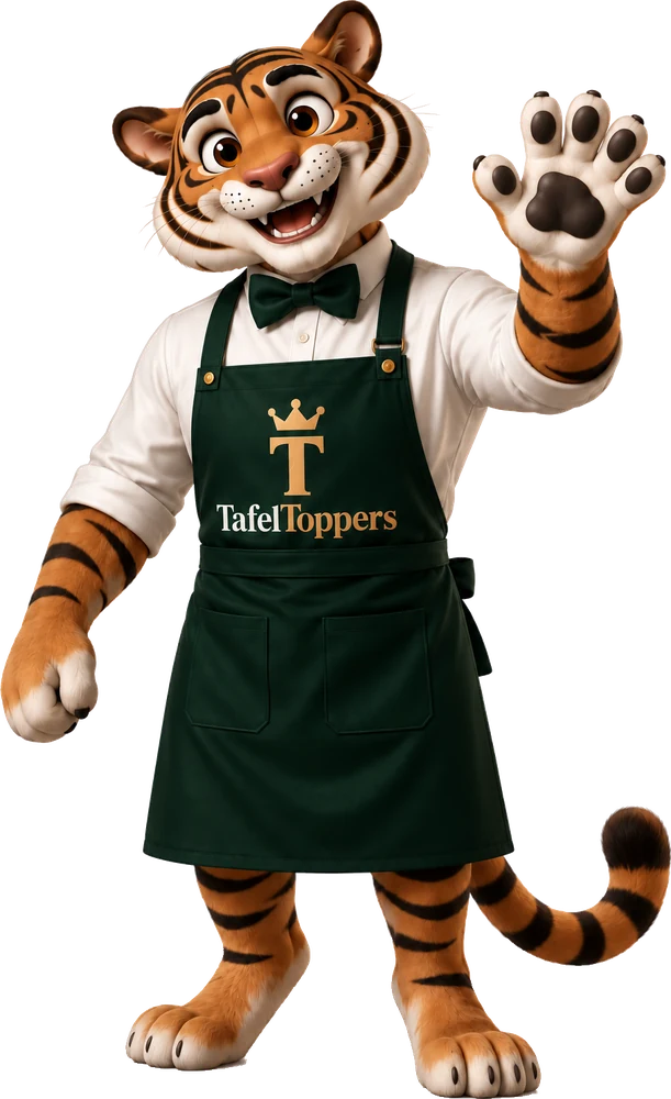 Sjef, de horecatijger van Tafeltoppers, zwaait in zijn groene Tafeltoppers-schort